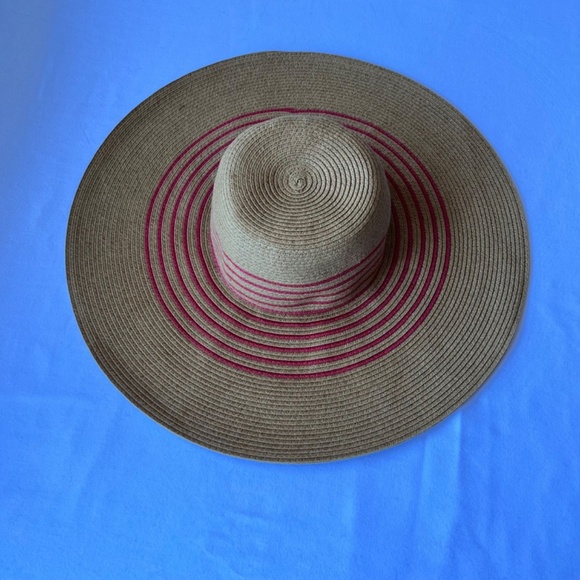 J. Crew Floppy Wide Brim Red Striped Straw Sun Beach Hat - Picture 2 of 7